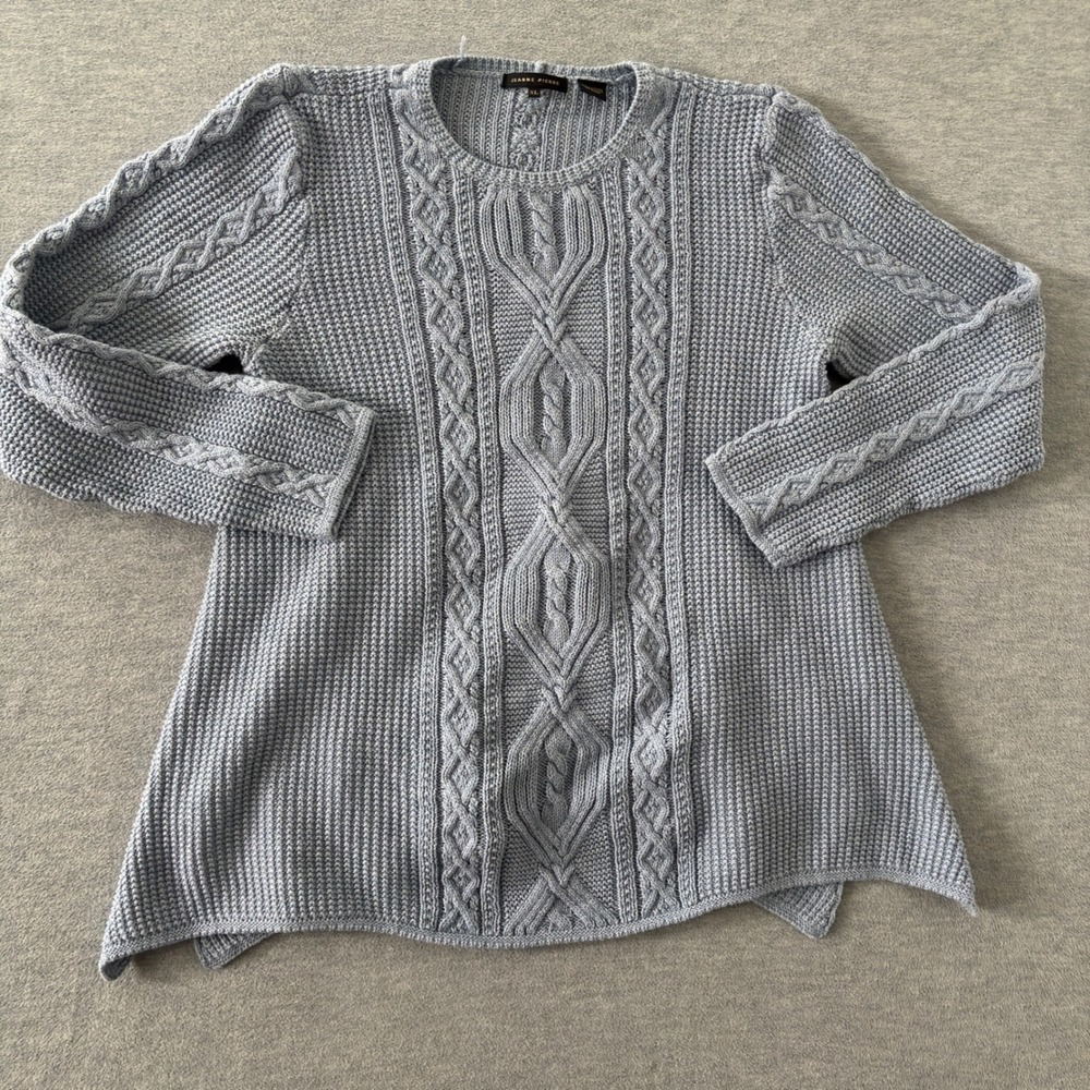 Jeanne Pierre Blue Cable Knit Sweater XL 100% Cotton Crew Neck Pullover Womens
